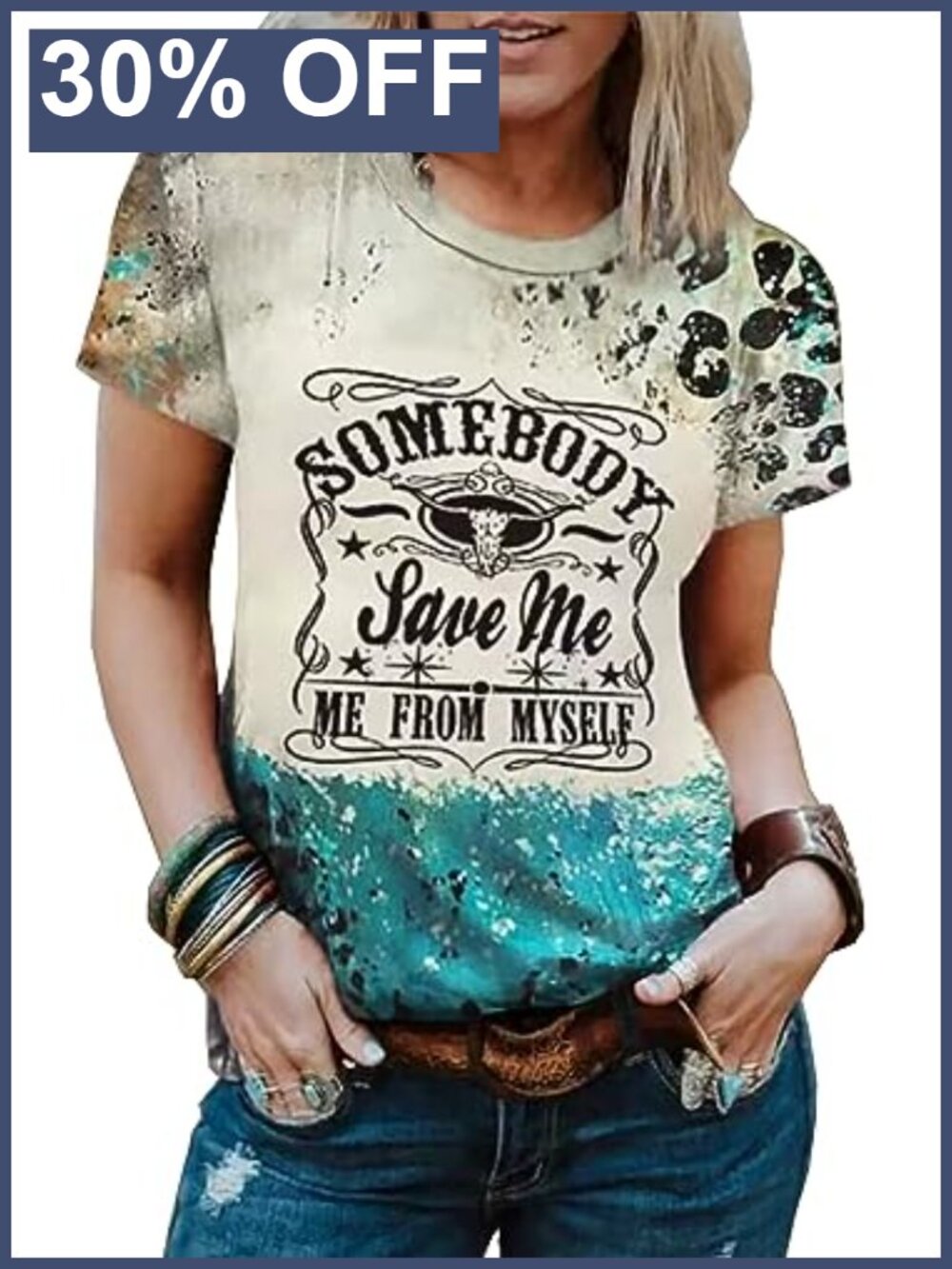 Somebody Save Me Graphic Tee Womens Steer Skull Country Vintage Bleached Cotton